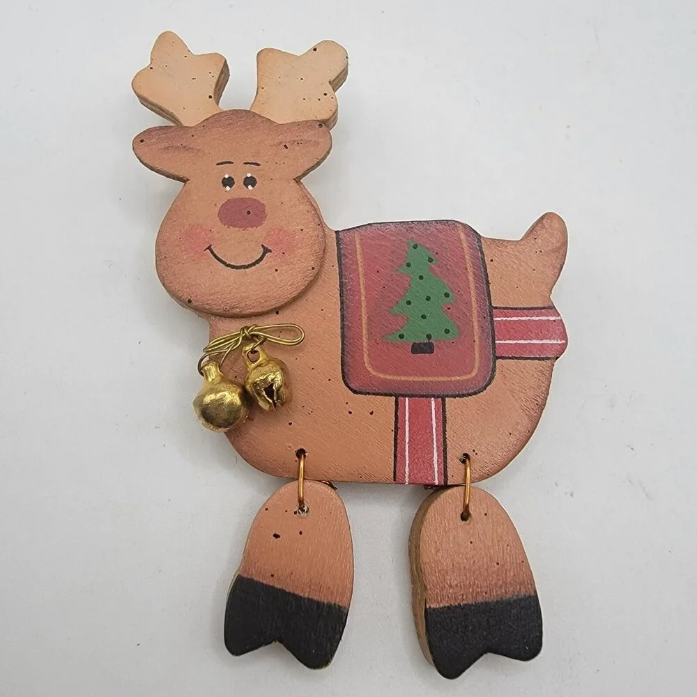 Fun Comical Articulated Legs‎ Reindeer Christmas Bells Pin Brooch Wood